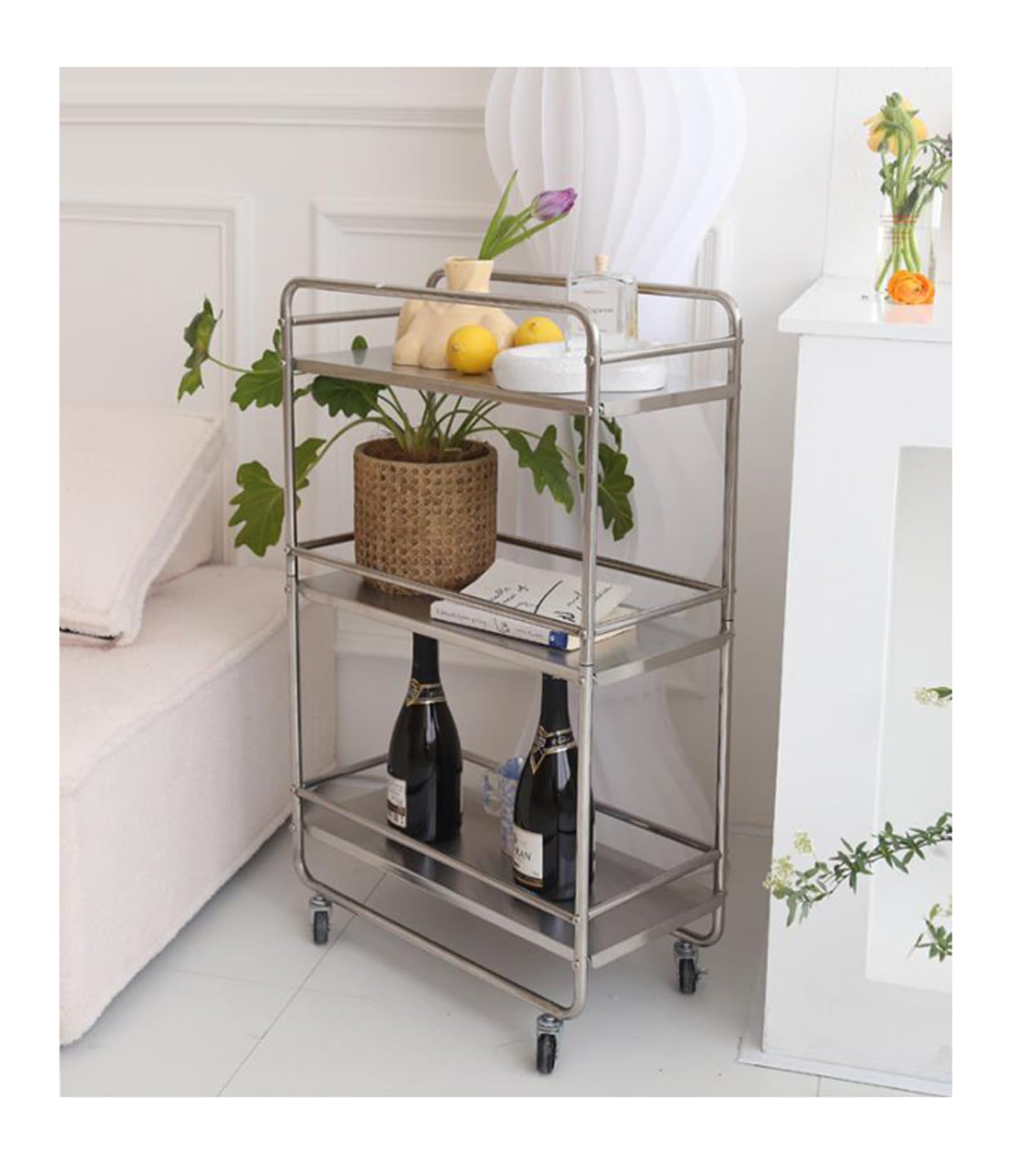 Carro utilitario de Acero Inoxidable de 3 Niveles con Ruedas. Estantes móviles para Almacenamiento en Cocina, Oficina, baño y Cocina. Carro rodante Duradero y versátil. Altura: 27 cm.