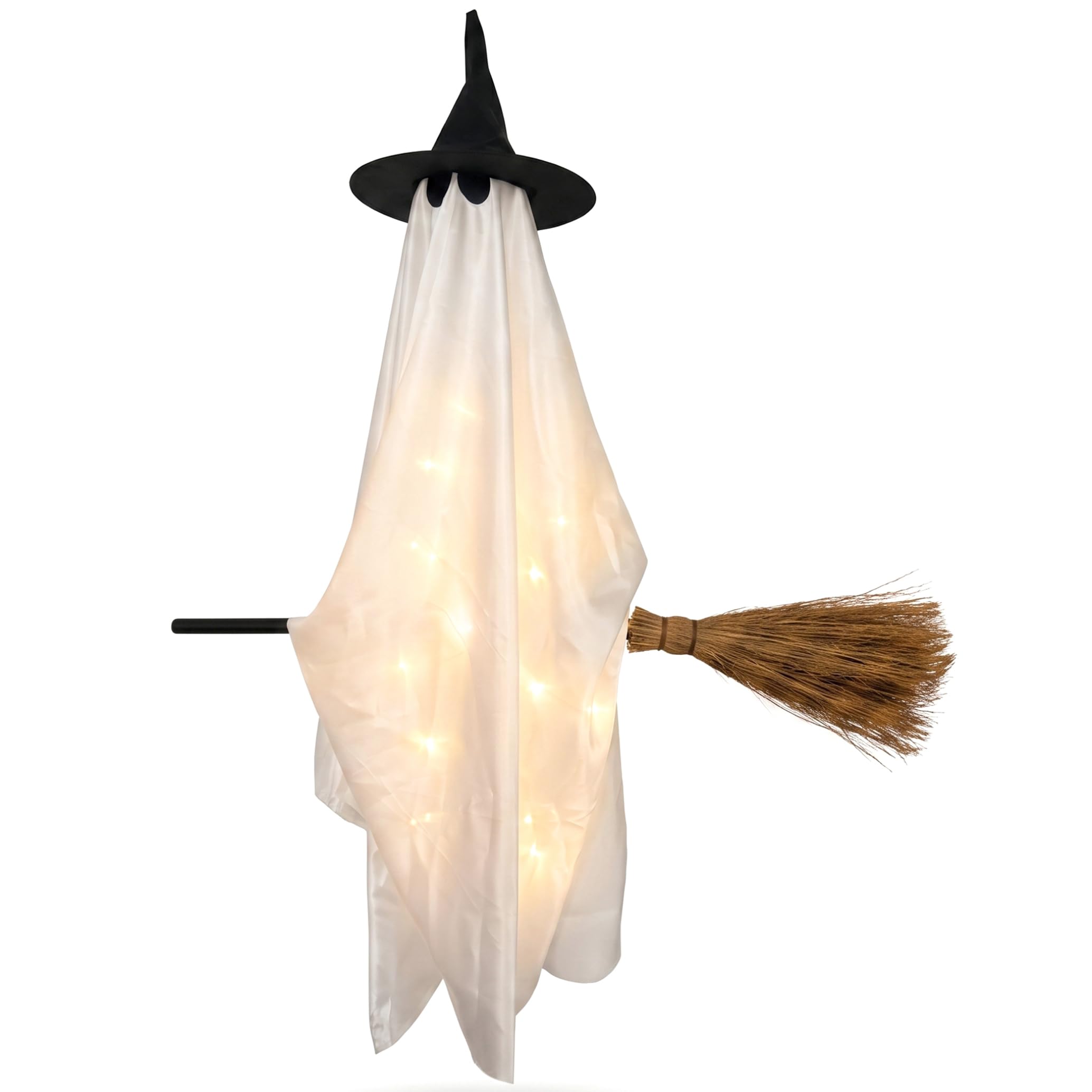 Monwssoe Halloween Lights, Hanging Ghost Decor with Witch Broom for Lawn Patio Porch Backyard Front Yard Haunted House (White)
