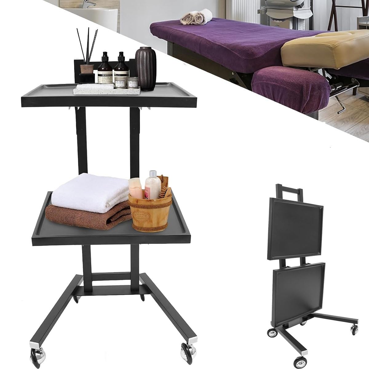 Carrito plegable con ruedas, carrito utilitario multifuncional para salón, spa y almacenamiento de cocina