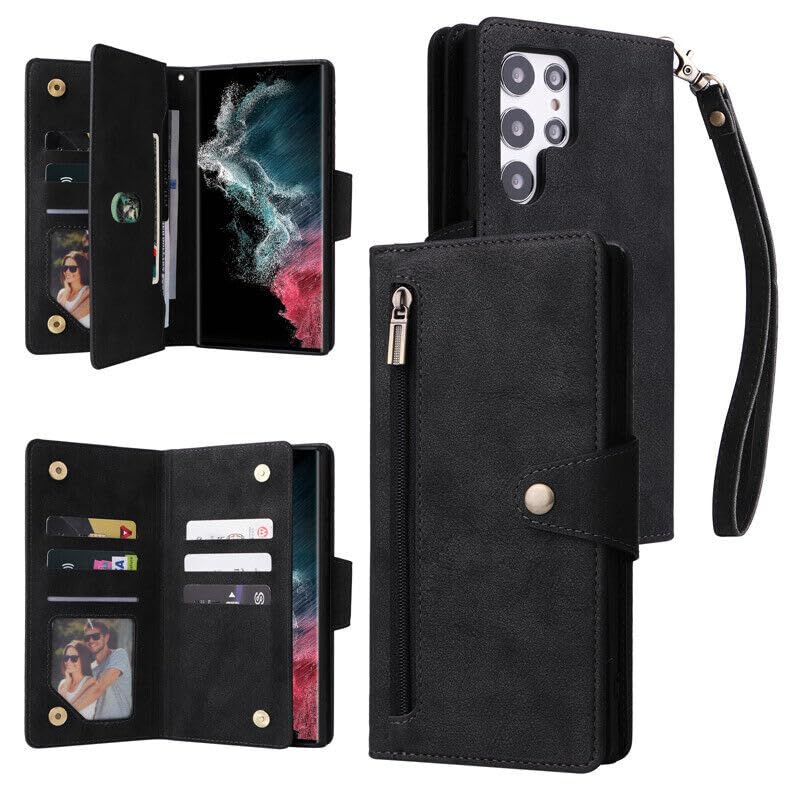 Housse magnétique durable en cuir pour iPhone et Samsung Galaxy S23 avec étui portefeuille noir