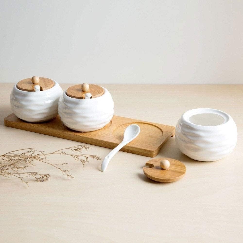 Keramik Gewürzglas Set mit Tablett, Gewürzdosen für Küche, Gewürzdosen mit Deckel & Löffel, Salz- & Pfefferbehälter, Gewürzbox für Kräuter & Gewürze