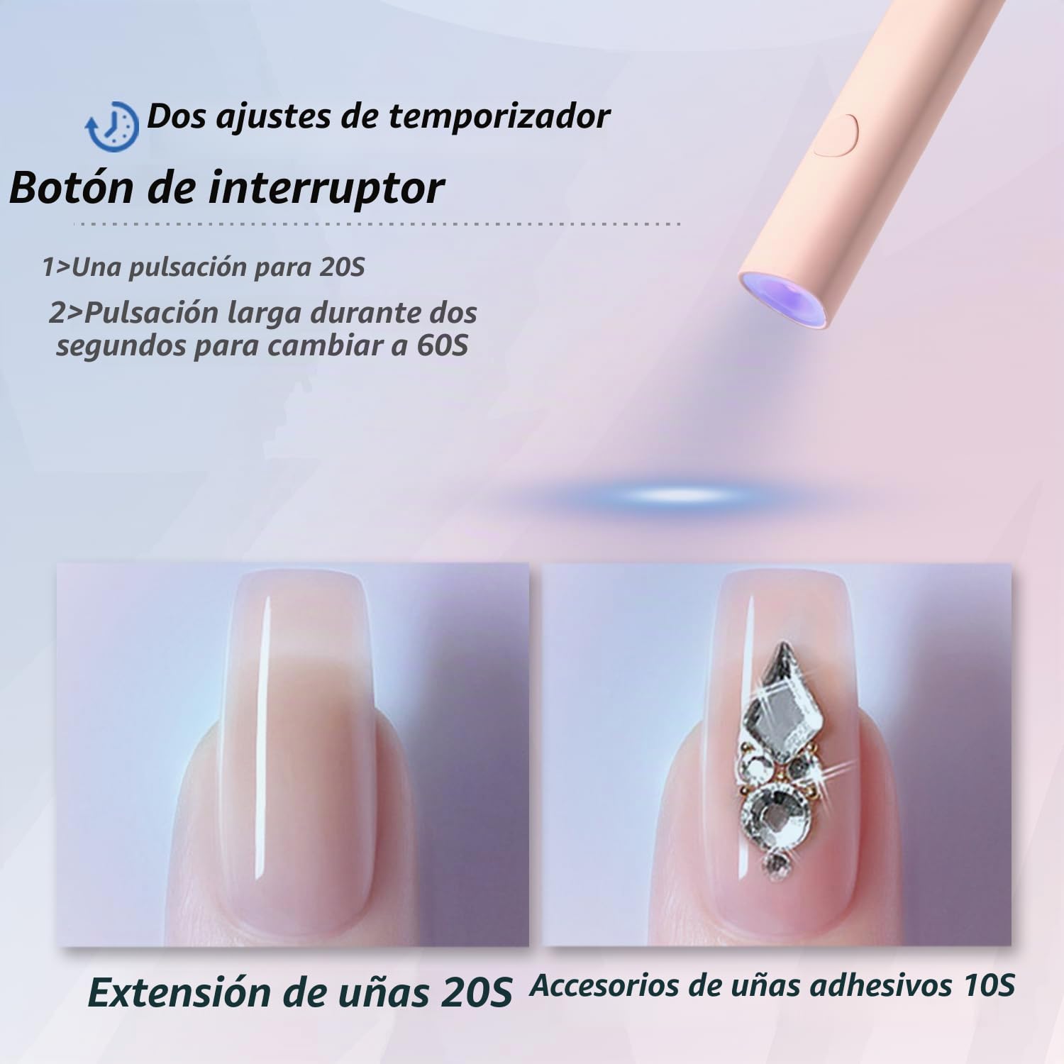 Lampara Uñas Semipermanentes, Denabuty Mini Lampara UV LED Uñas 3W, Secador de Uñas Portátil et Recargable con 2 Temporizador 20/60S, para Manicura, Resina de Extensión de Gel DIY Arte de Uñas Rosa