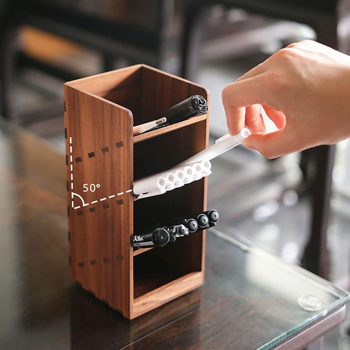 NALsa Confezione da 1 Penna da scrivania in Legno di Noce Nera, Matita, Scatola portapenne con 4 Scomparti, Materiale di cancelleria, Materiale Scolastico, portapenne, Scatola portaoggetti