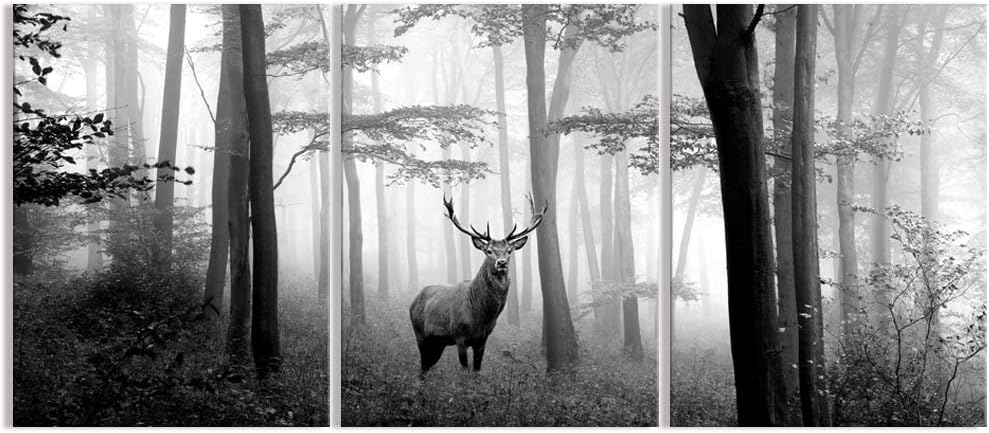 Visual Art Decor Black and White Wall Art Deer in Autumn Foggy Forest Picture Indeer Elk Stag Canvas Prints for Home Living Room Bedroom Wall Decoration Ready to Hang