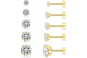 5 Pairs Gold Flat Back Stud Earrings Set for Women and Men