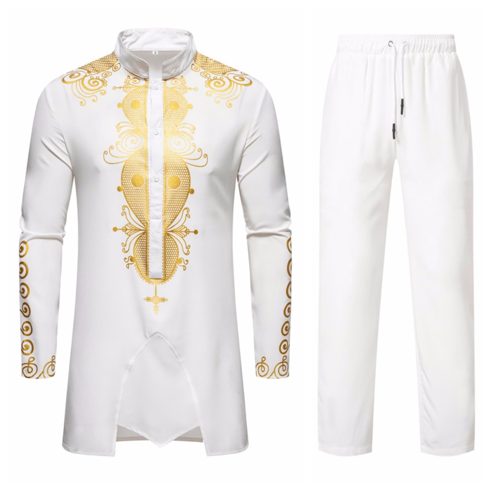 Ensemble 2 Pièces Homme Style Ethnique - Tunique Longue Manches Longues & Pantalon Élastique - Tenue Décontractée Rétro