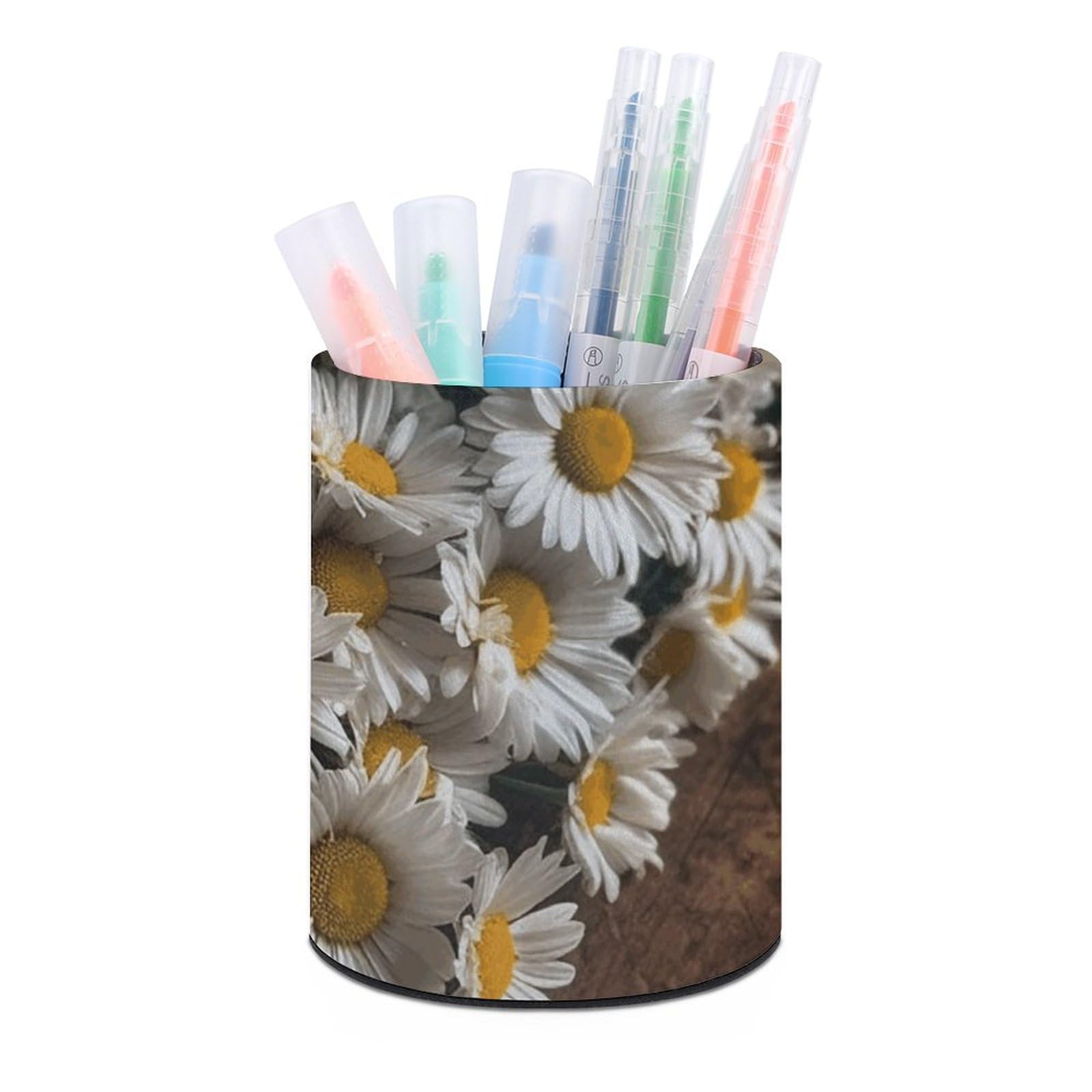 KLOPH PU Leather Pen Holder for Desk, Aesthetic Pencil Cup for Desktop, Makeup Brush Srotage for PenOrganizer Office Supplies, Many Daisy Flowers Pen Cup Pencil Caddy for Home Art Supply