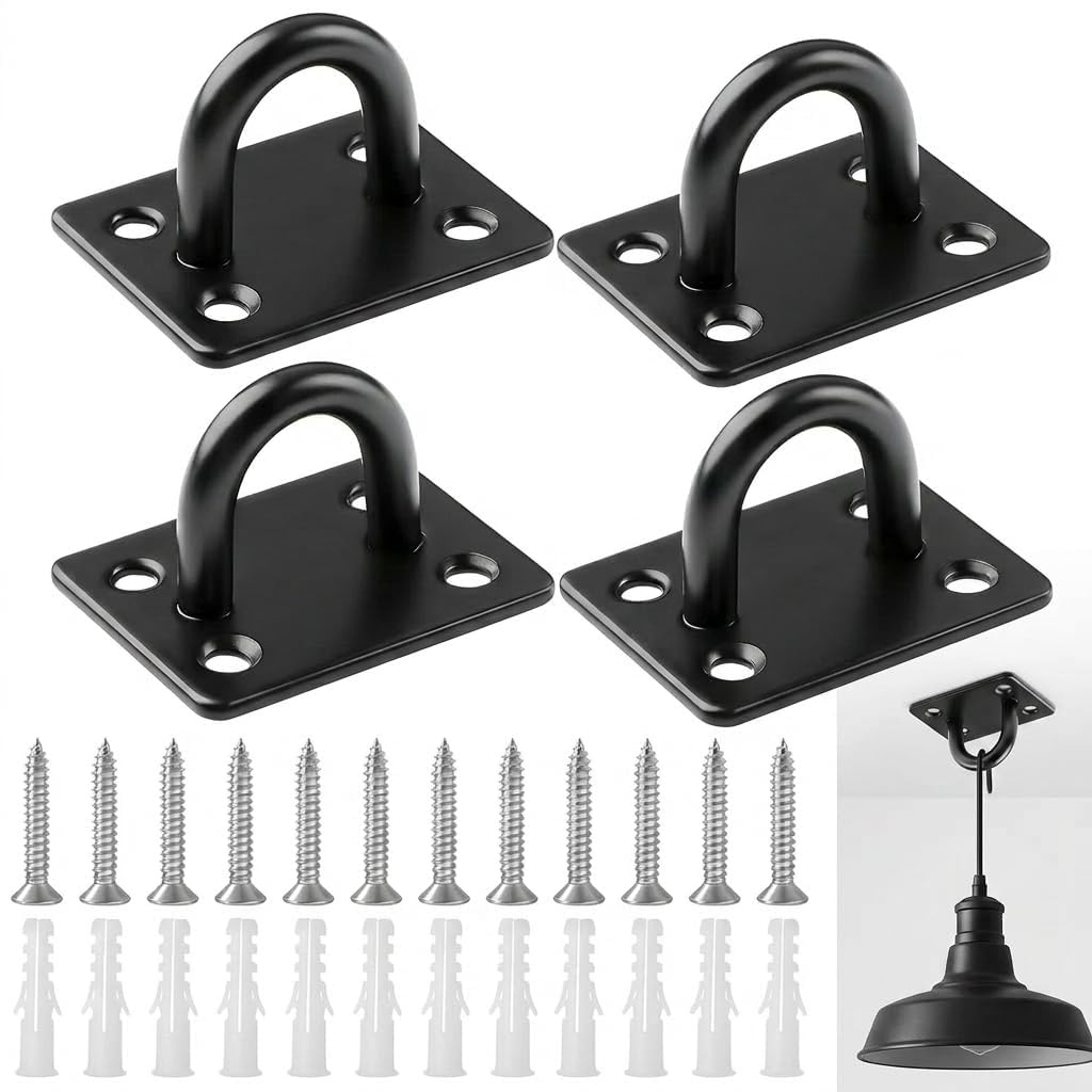 4PCS M6 Heavy Duty Pad Eye Plate 304 Stainless Steel Oblong Pad Eye Plate Staple Ring Hook Loop U-Shaped Sail Shade Marine Hardware Wall Ceiling Hooks Hanger for Marine Washing Line Suspension Black