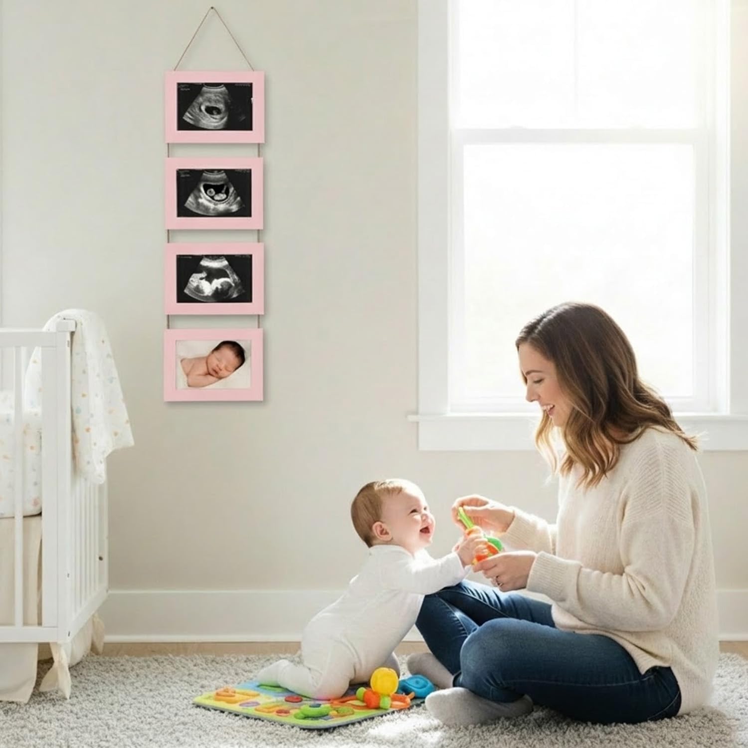 4-in-1 Sonogram Picture Frame, Display Pregnancy Keepsake Album for Pregnancy Announcements, Gender Reveal, and Newborn Photos, Perfect Gender-Neutral Nursery Decor, First Time Mom Gift, Pink