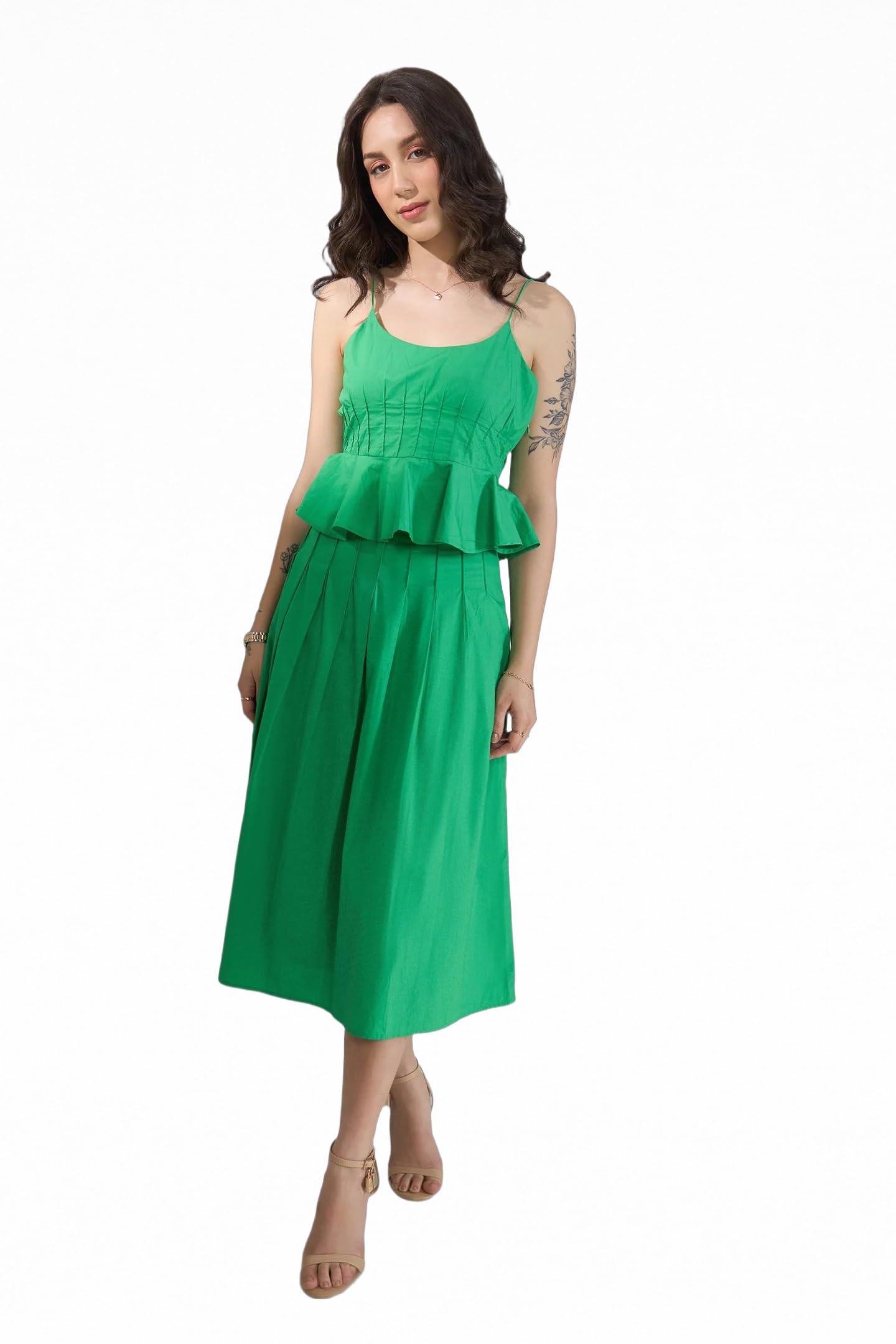 Solid Cotton Green Midi Flared Fit Casual Skirts for Women