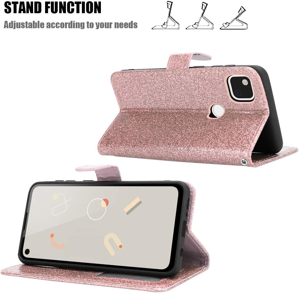 For Google Pixel 4A Case Shiny Leather Bling Glitter Book Card Holder Flip Stand Wallet Cover For Google Pixel 4A (5.81'') Phone (Rosegold) 7