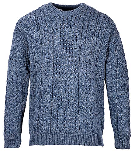 Men's Irish Traditional Aran Wool Pullover Sweater (X-Large, Denim)