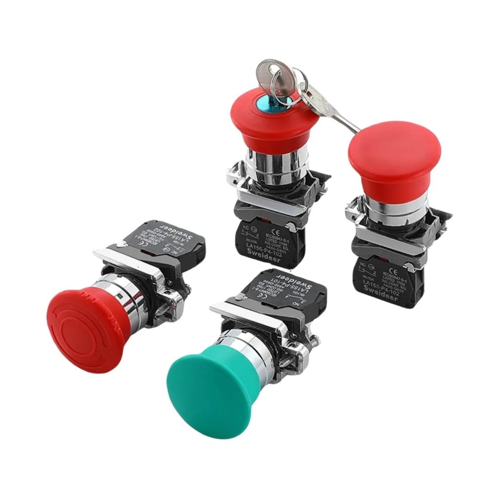 XB4 22mm cabeza de seta interruptor de botón de parada de emergencia 10A llave de parada de emergencia interruptor de botón de encendido 1NC 1NO interruptor de arranque rojo verde(Green Mushroom 1NO)