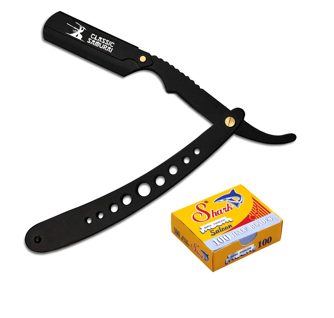 Classic Samurai New Ergonomic Design Stainless Steel Professional Folding Straight Edge Barber Razor Shavette Manual Shaver with 100 Shark Single Blades (Matte Black + 100 Shark Blades)