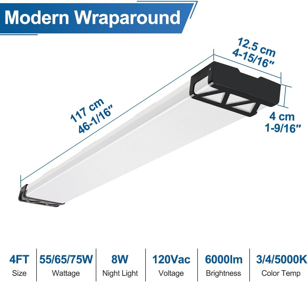 DAKASON 4FT LED Light Fixture for Kitchen Ceiling with Night Lighting, 48inch Wraparound for Laundry 75/65/55W 3/4/5000K Selectable, 4' Shop Light Replacing Fluorescent Tube 1Pack