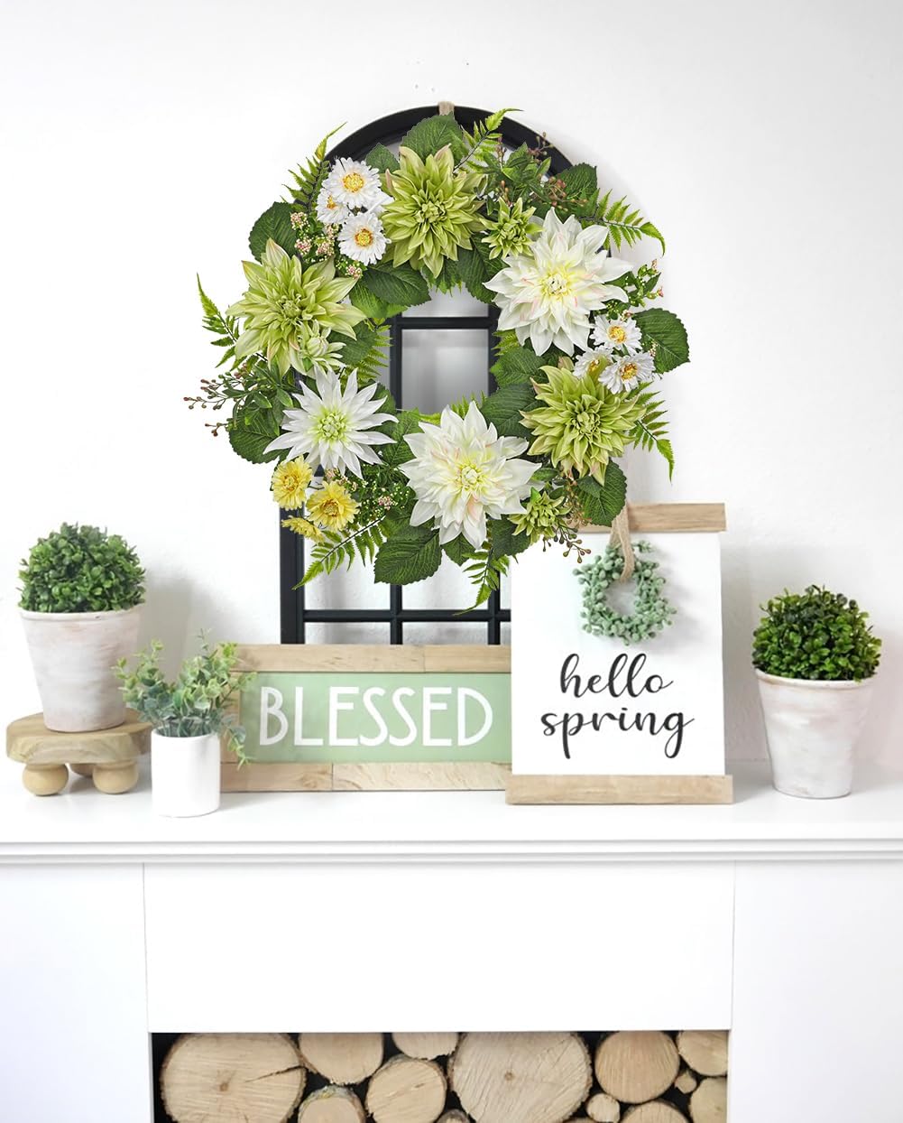 Briful 24'' Artificial Dahlia Flower Wreath for Front Door Large Silk Dahlia Daisy Floral Wreath Fake Hanging Greenery Wreaths for Spring Summer Home Wall Window Mantle Outdoor Porch Décor