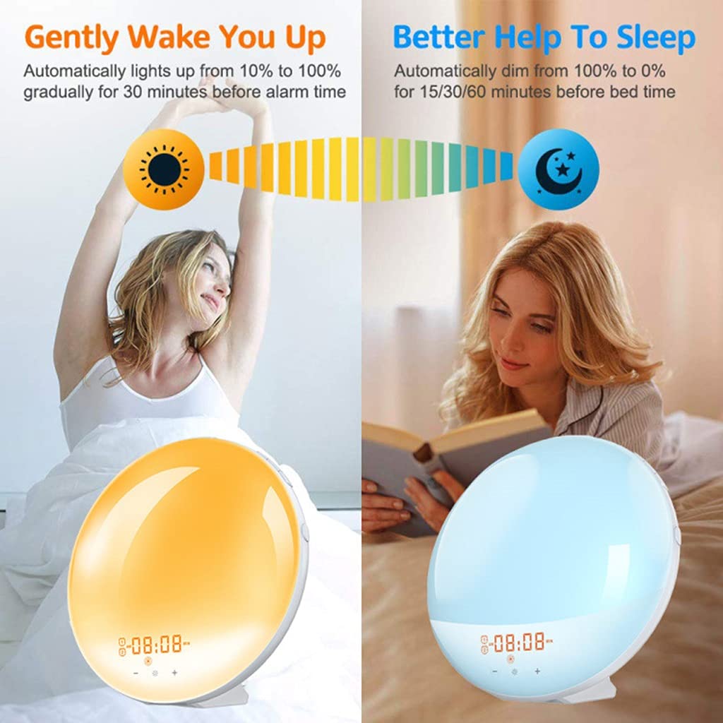 Sveglia con Simulazione Alba/Tramonto, con la Funzione Snooze, Touch Control Wake Up Light, Lampada da Comodino Dimmerabile, 4 Allarmi, 7 Suoni, 20 Luminosità