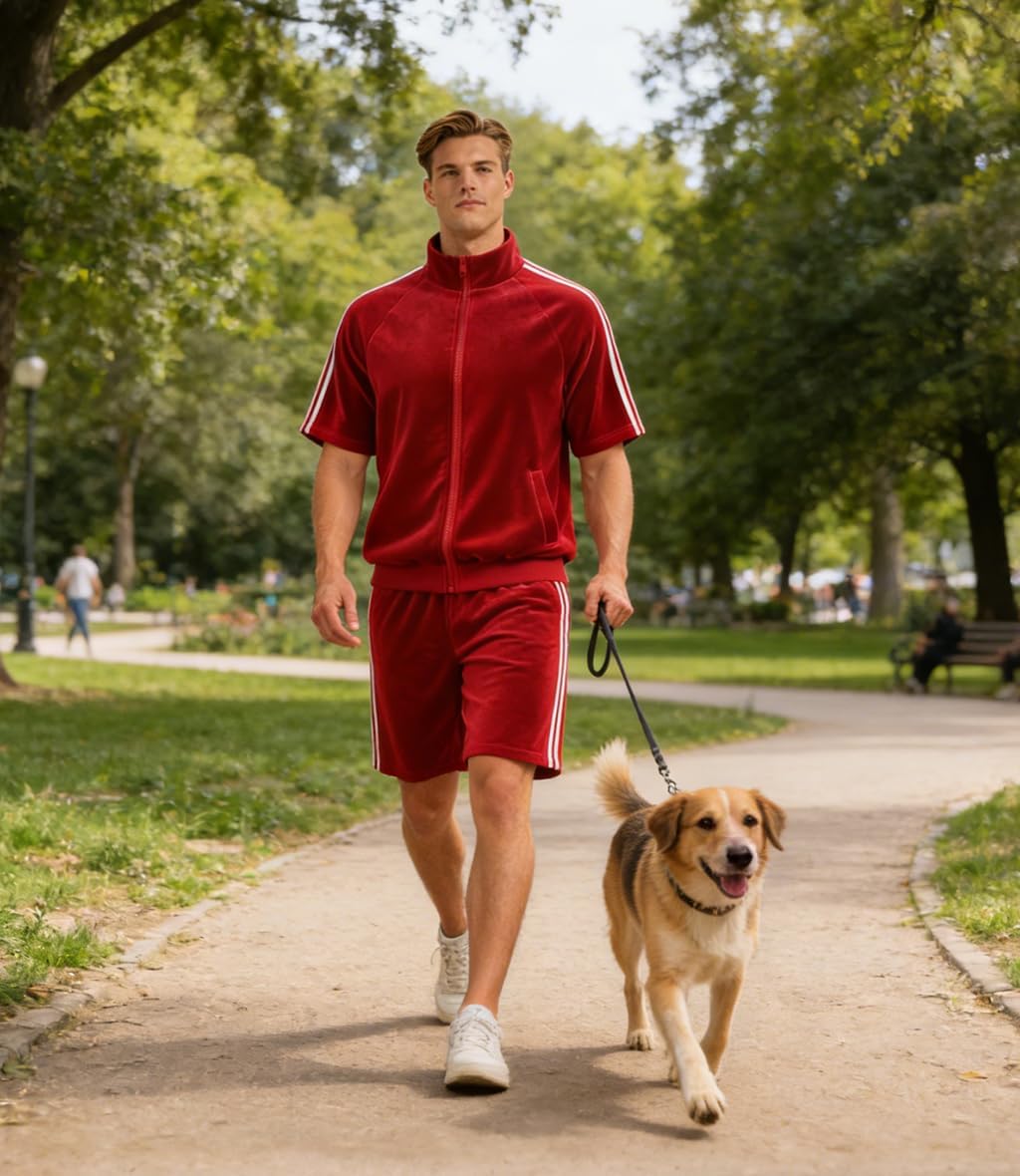Mens Velour Tracksuit 2 Piece Outfit Short Sleeve Full Zip Jacket and Shorts Set Summer Casual Loungewear
