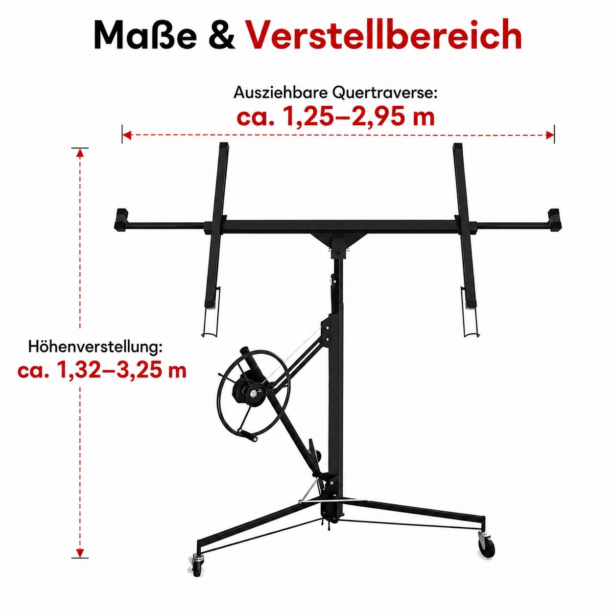 Plattenheber XXL bis 68 kg, Plattenlift für Gipskartonplatten, höhenverstellbar 1,32–3,25 m, ausziehbar 1,25–2,95 m, 360° drehbar, 60° neigbar, Trockenbau Montagehilfe, Schwarz