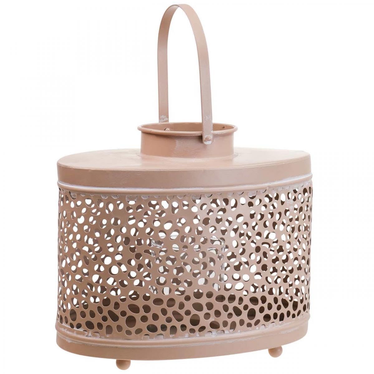 Floristik24 Romantische Deko Laterne Oval Rosa Windlicht aus Metall mit Tropfenmuster für Tischdeko und Kerzenschatten 27x16x23cm