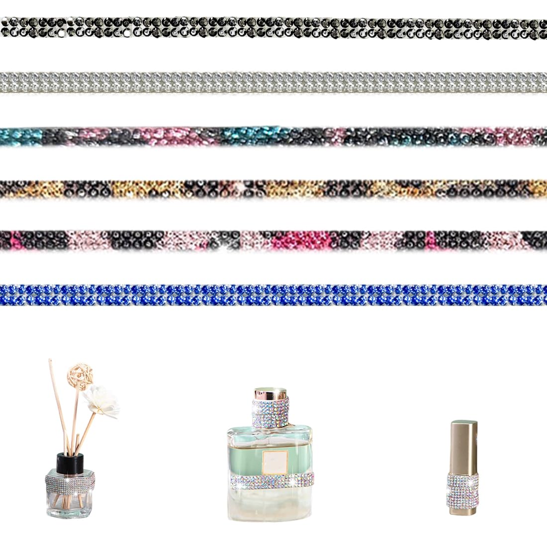 6 Rolls Self-Adhesive Crystal Rhinestone Diamond Ribbon, Leopard Classic Glitter Stones Rhinestones Self-Adhesive DIY Decoration Bling Sticker with Rhinestones for Car Craft Wedding Decoration