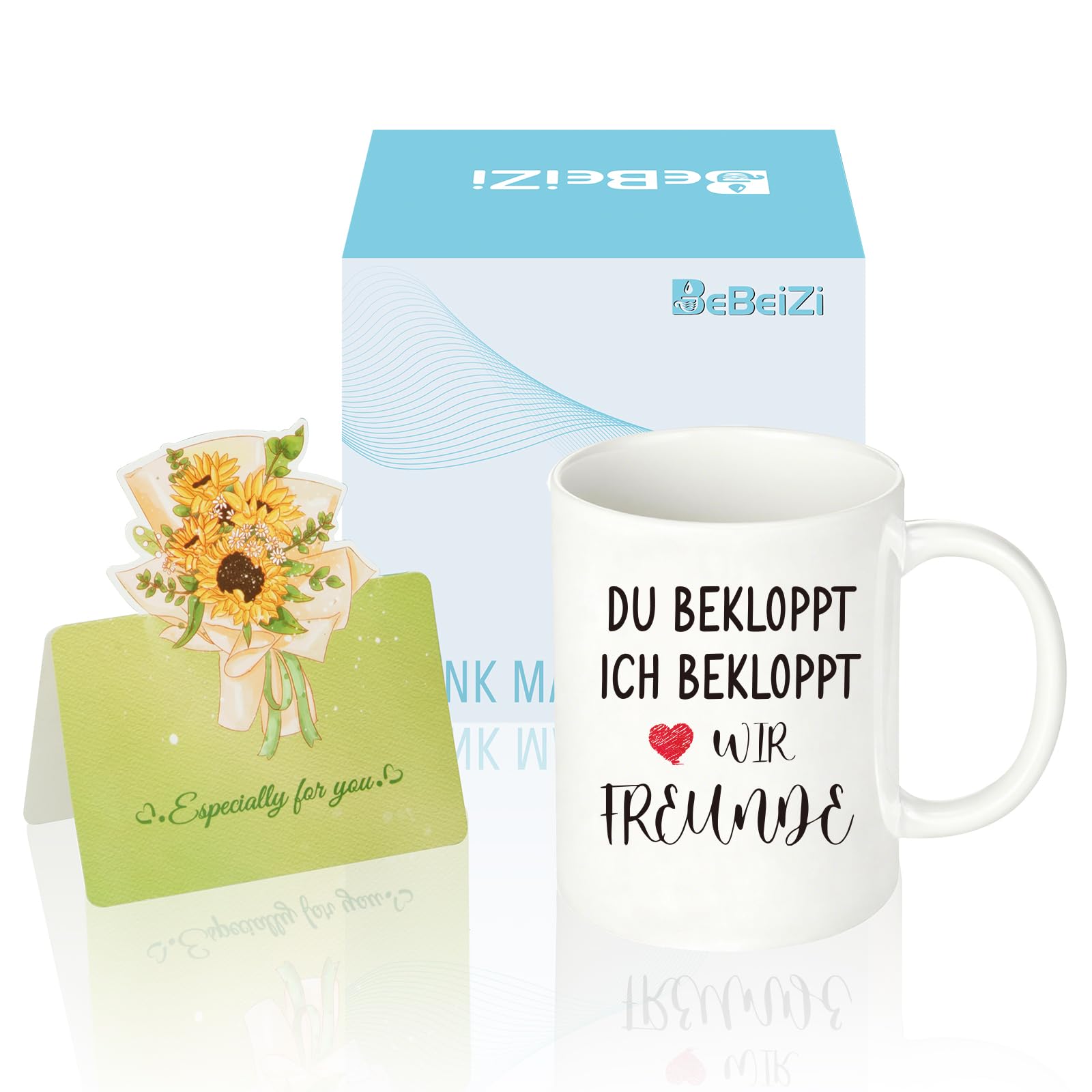 BeBeiZi Geschenk für Freund oder Freundin – Lustige Kaffeetasse mit Spruch „Du Ich Bekloppt Wir Freunde“ | Geschenkidee zum Geburtstag oder zu Weihnachten | 330 ml Weiß