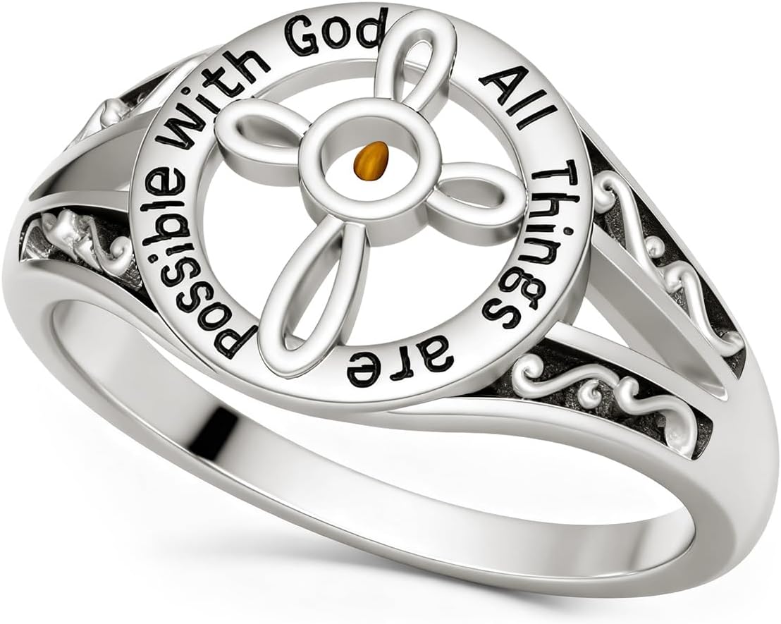 Cross Ring Sterling Silver Mustard Seed Rings Christian Faith Ring With God All Things Are Possible Religious Jewelry Gifts for Women Size 6-9 - Image 2