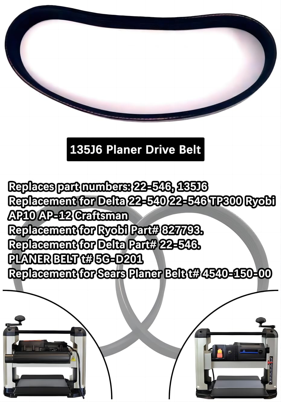 （2 Pack ） Planer Replacement Drive Poly V Belt 135J6 for Delta 22-540 22-546 TP300, Ryobi AP10, Wen 6550