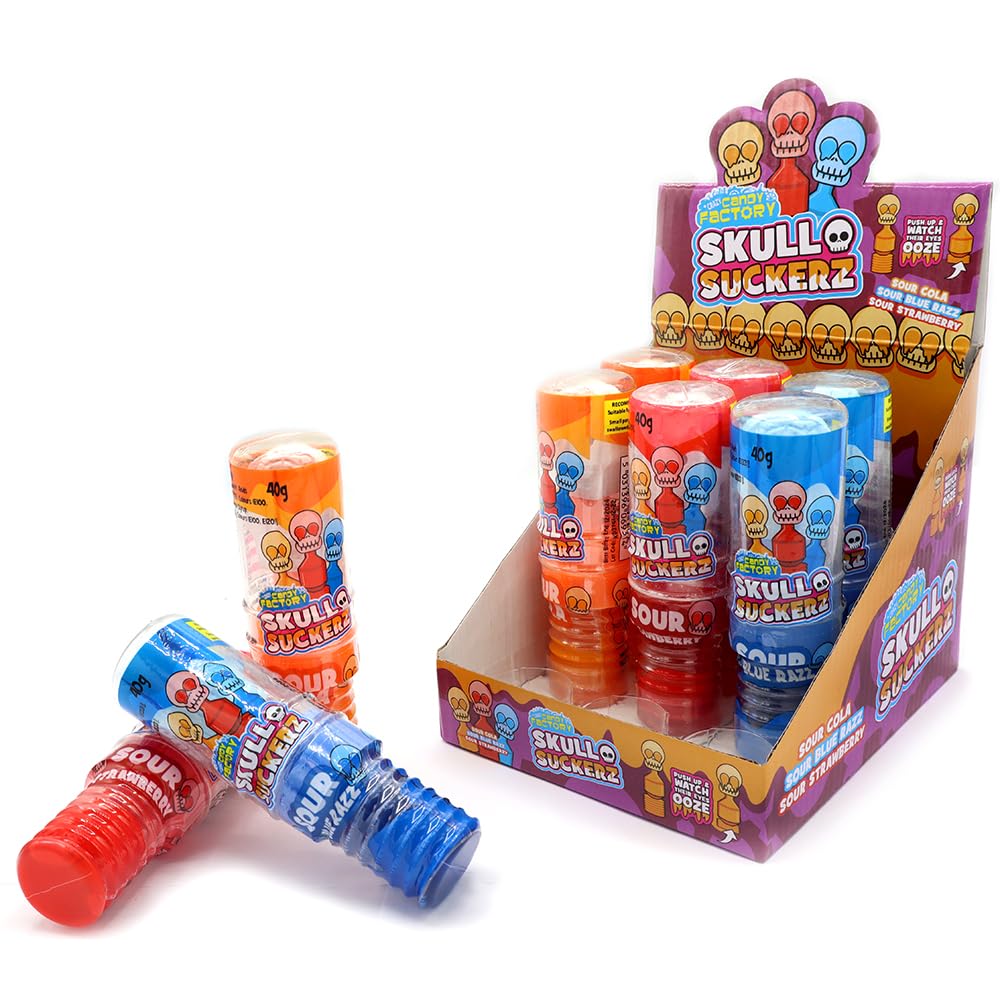 Crazy Candy Factory Skull Suckers, Fruit and Cola Flavour Lollipops with Sour Candy Liquid, 40 g (Pack of 12)