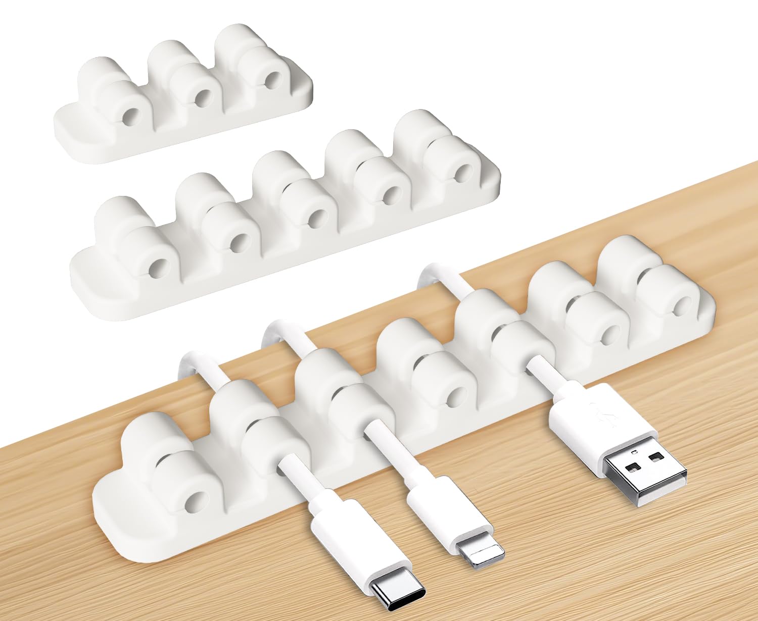 SOULWIT Upgraded Cable Holder Clips, 3-Pack Cable Management Cord Organizer Clips Silicone Self Adhesive for Desktop USB Charging Cable Power Cord Mouse Wire PC Office Home (3/5/7 Slot,White)