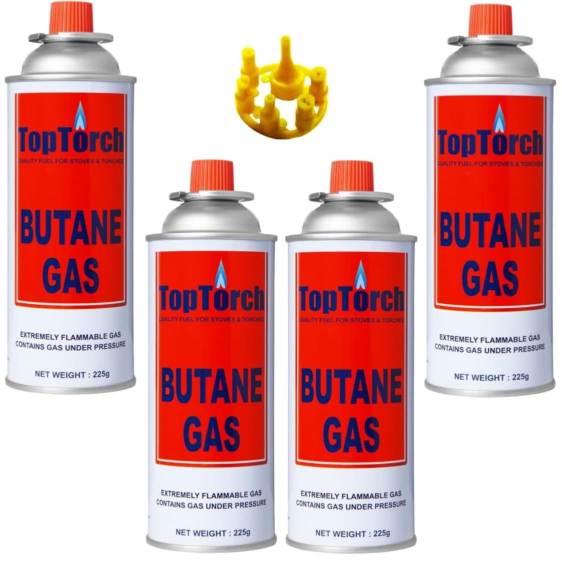 Top Torch Portable 225g High Pressure Flame Butane Gas Cartridge with 1 Refill Adapter Use For Traveling,Trekking, Outdoor Camping Cooking Burners Stove Can, Lighter & Welding Torch Fuel Canister (4)