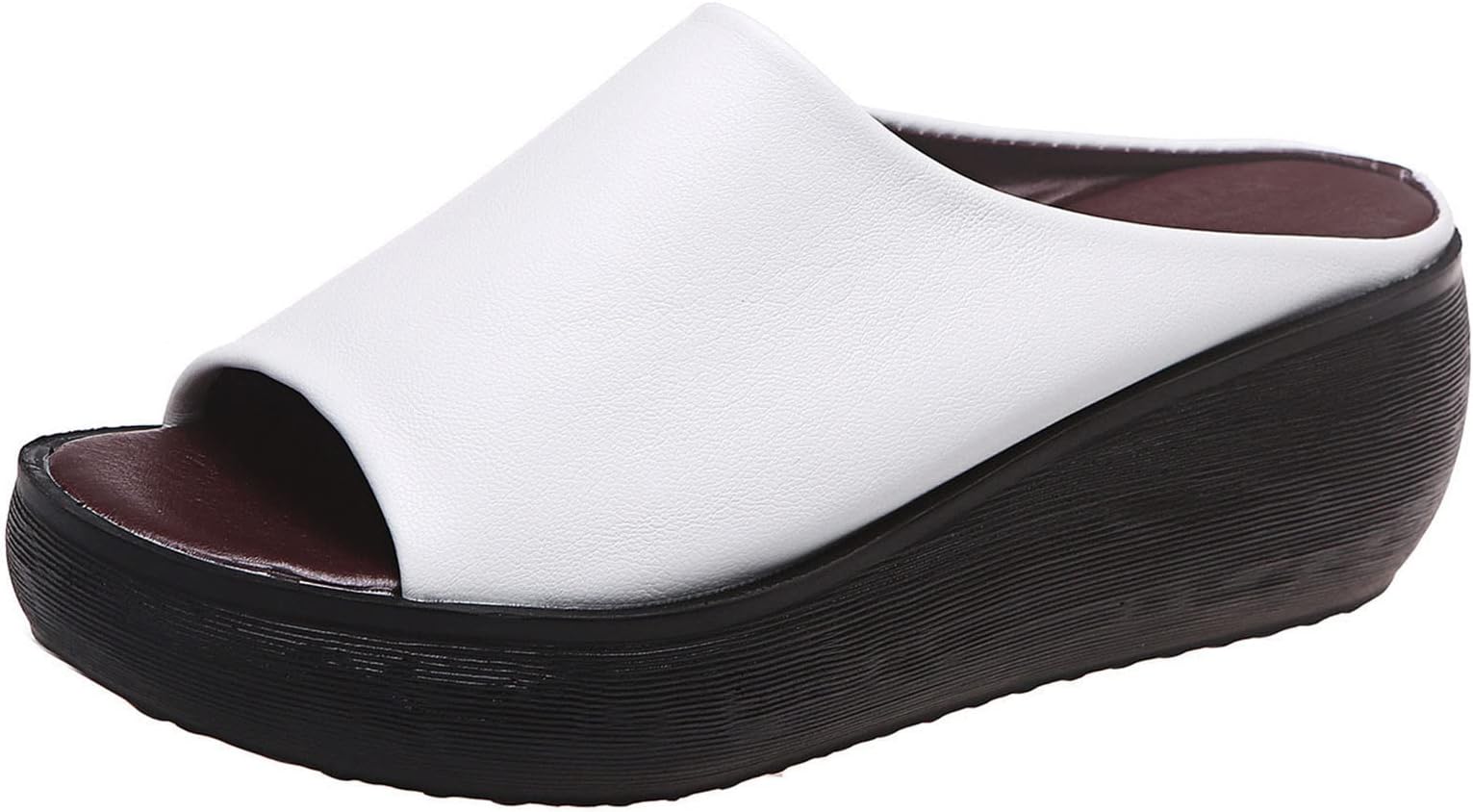 HAOLEI2022 New Women Wedge Sliders Peep Toe,Ladies Slip-On Wedge Summer Slippers,PU Leather Thick Bottom Cork Mules Platform Wedge Sandals,Casual Beach&Pool Water Shoes UK Size 3-6.5