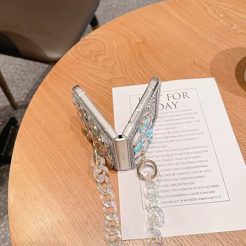 Shinyzone Sparkle Case For Samsung Galaxy Z Flip 3 2021 With Chain,Women Girls Cute Bling Case Flower Pearl Diamond Crystal Rhinestone 3D Handmade With Bracelet Wristband Strap Keychain #TOP2