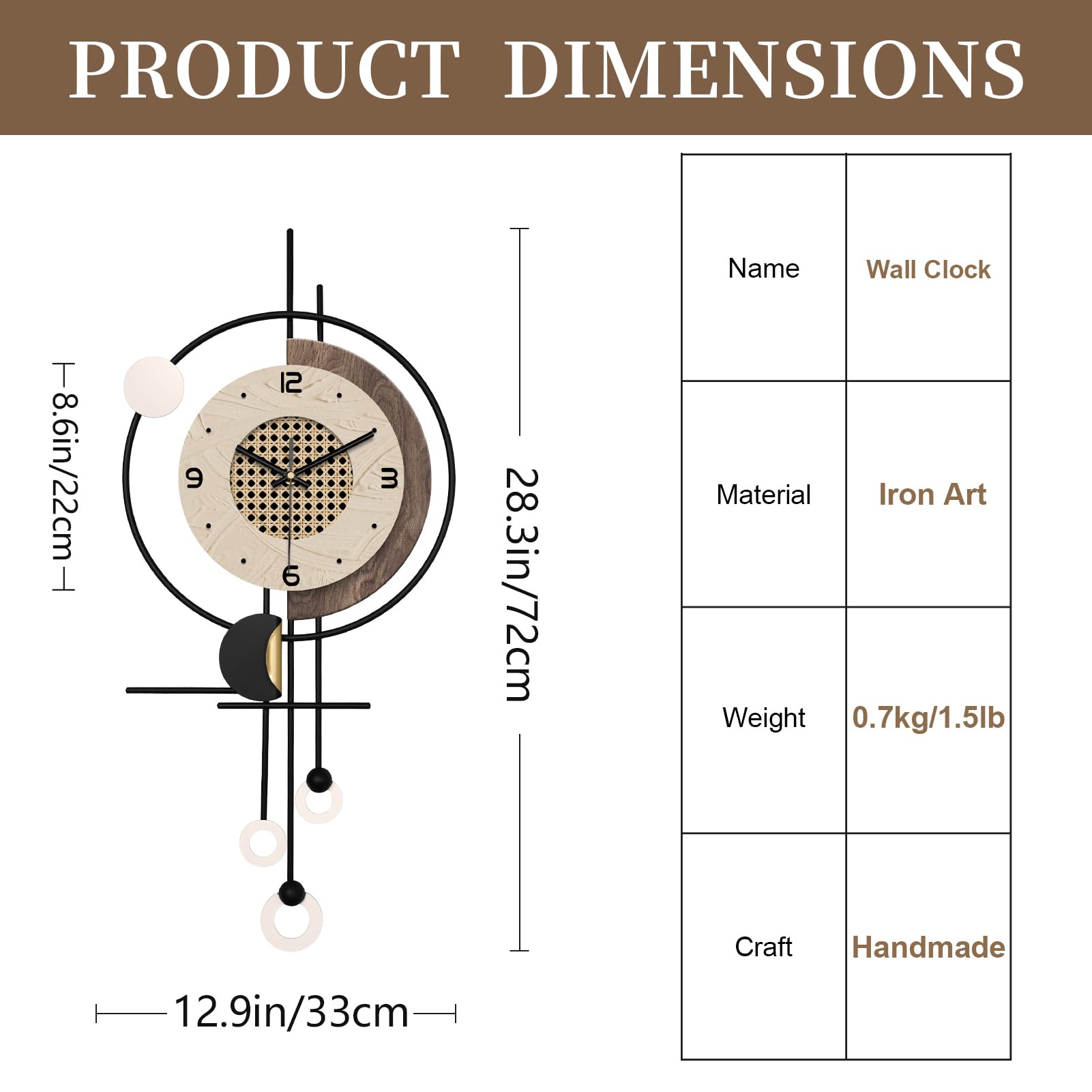 Cichy nowoczesny zegar ścienny – 68 cm x 30 cm, brązowy wzór w kratkę, duży dekoracyjny zegar na baterie, do sypialni, salonu i wystroju domu