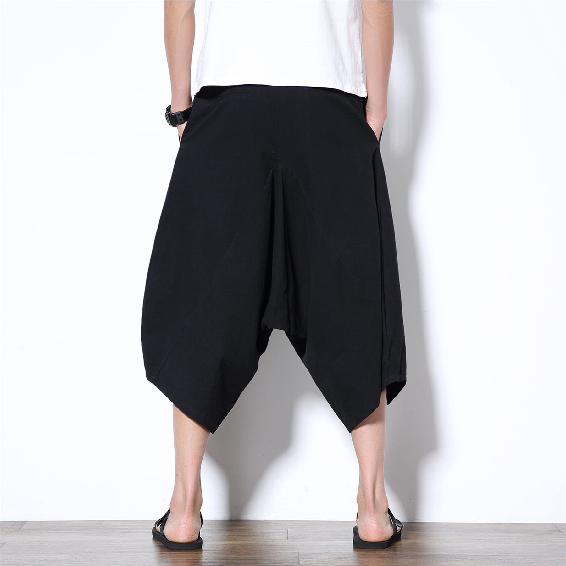 DOSLAVIDA Herren-Caprihose aus Baumwollleinen, leger, elastischer Bund, Baggy, Haremshose, leicht, lockere Passform, Yoga, Strand-Shorts