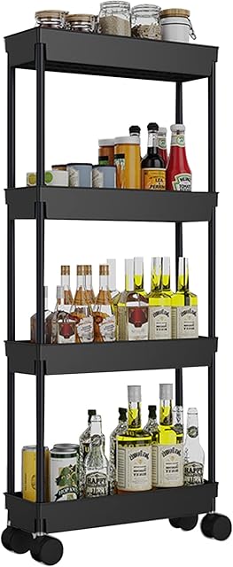 Wensdr 4 Tier Kitchen Bathroom Storage Rolling Cart 39 Inches Tall Slim Utility Rolling Shelf Cart with Wheels Coner Storage Shelves Cart, Black