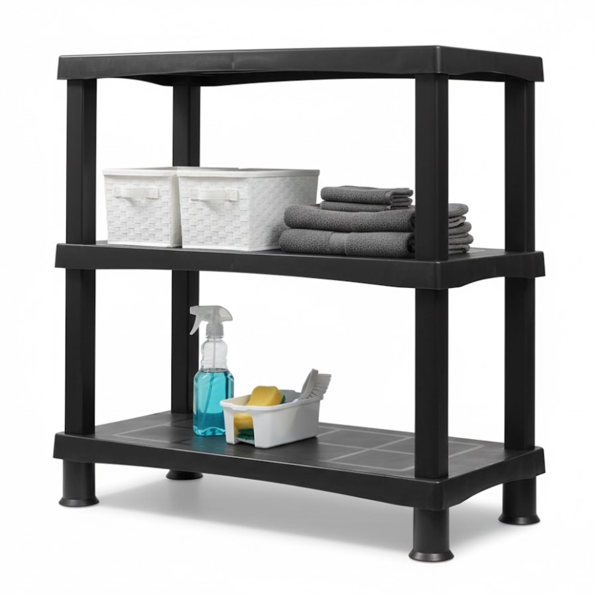 ALEEZ - 3 Tier Plastic Shelving Unit - Heavy Duty Storage Shelves - Storage Rack For Home, Garage, Shed, Warehouse - 25kg/55lbs Per Shelf - No Tools Required - Push Fit Assembly, Black (1, 3 Tier)