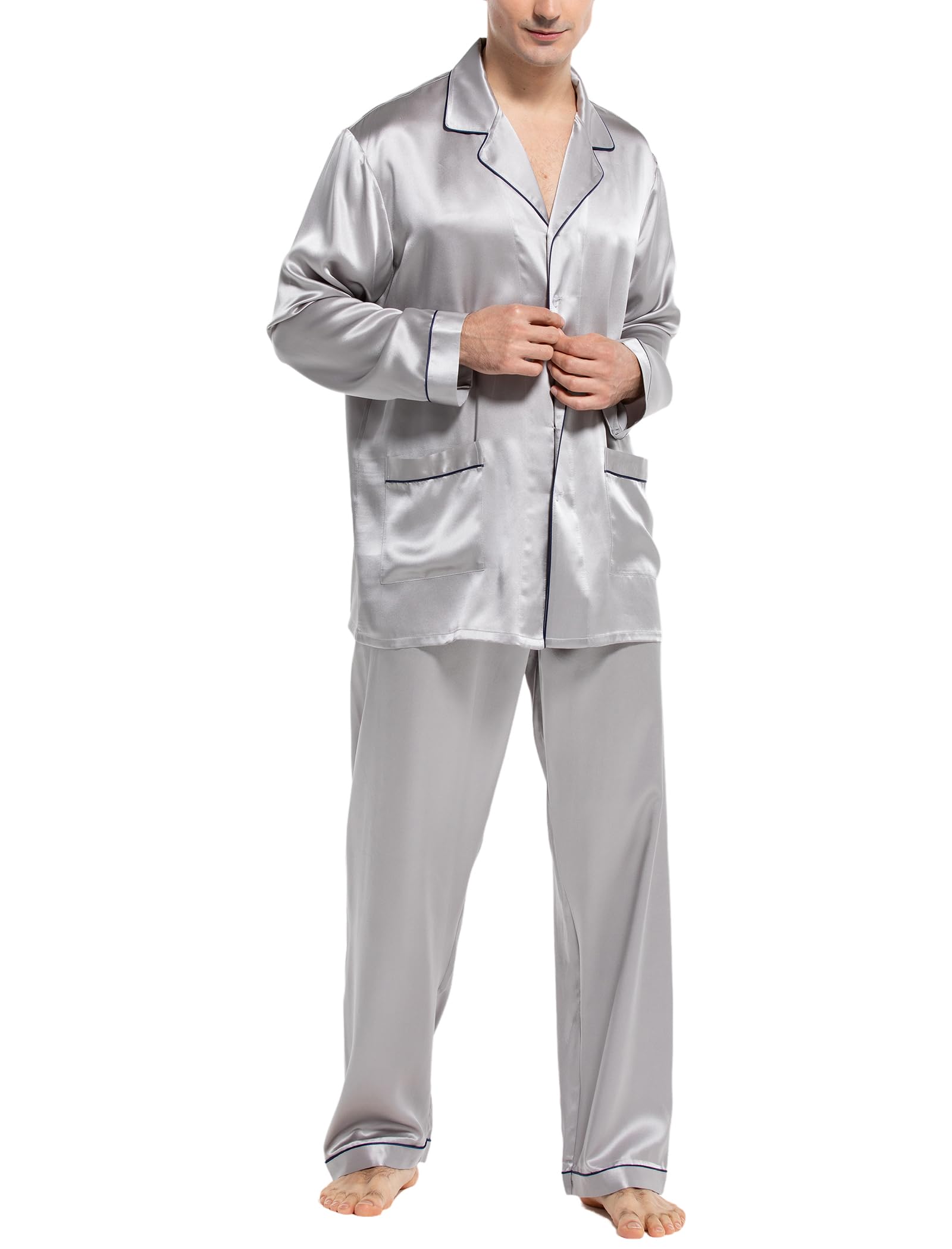 COLD POSH Herren Seide Schlafanzug Pyjama Homewear 19 Momme Nachtw?sche mit Langen ?rmel Loungewear