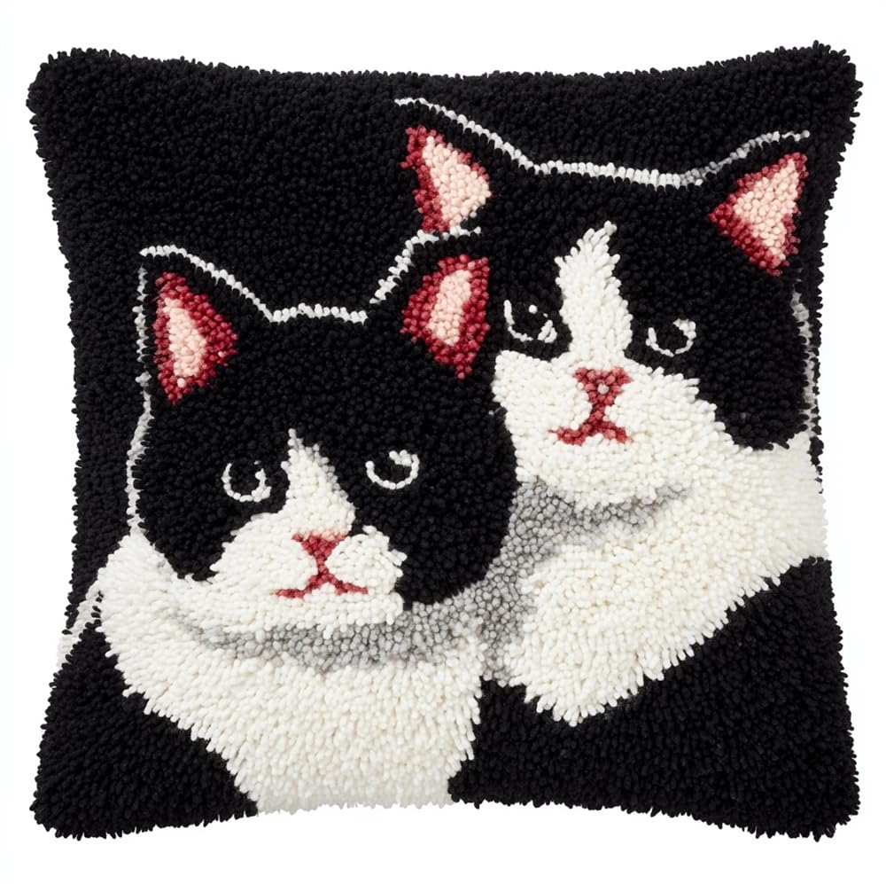 Kitphoenix Two Black And White Cats Latch Hook Kits Make Your Own Cushion,