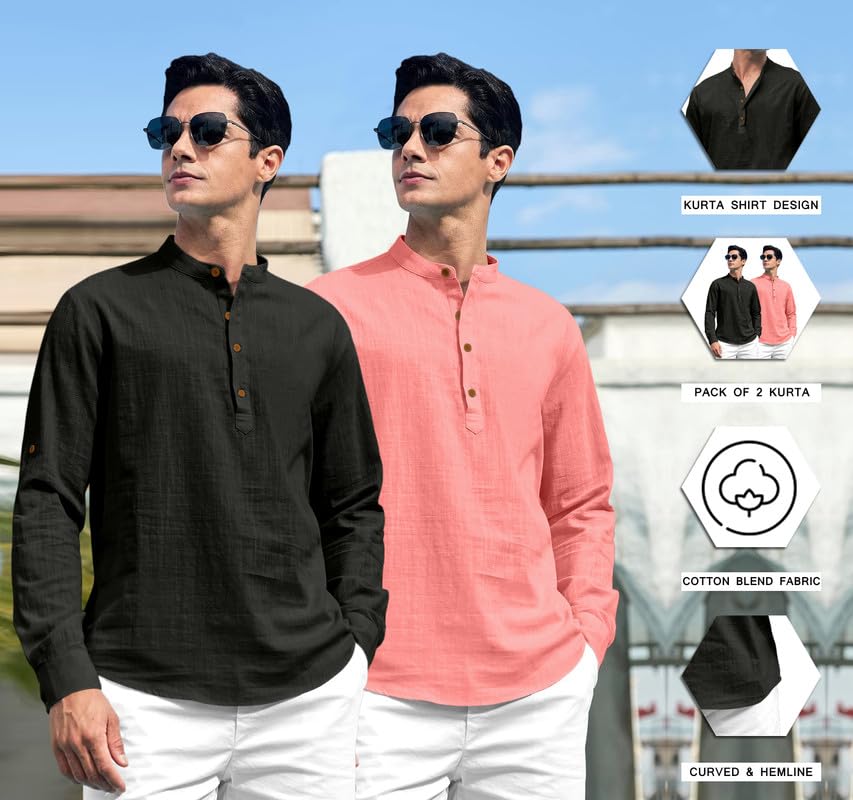 Image of ROYALSCOUT Combo of Men's Solid Cotton Blend Full Sleeve Straight Kurta Shirt (Pack of 2)
