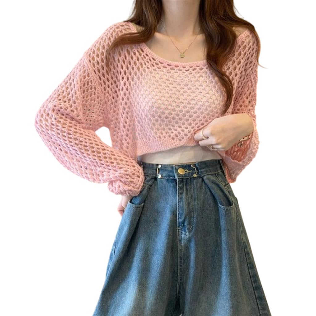 CRAMPLE® Women's Crochet Knit Off-Shoulder Sweater, Long Balloon Sleeve, Mesh Pattern Casual Style Top for Women Without Inner-picture-26