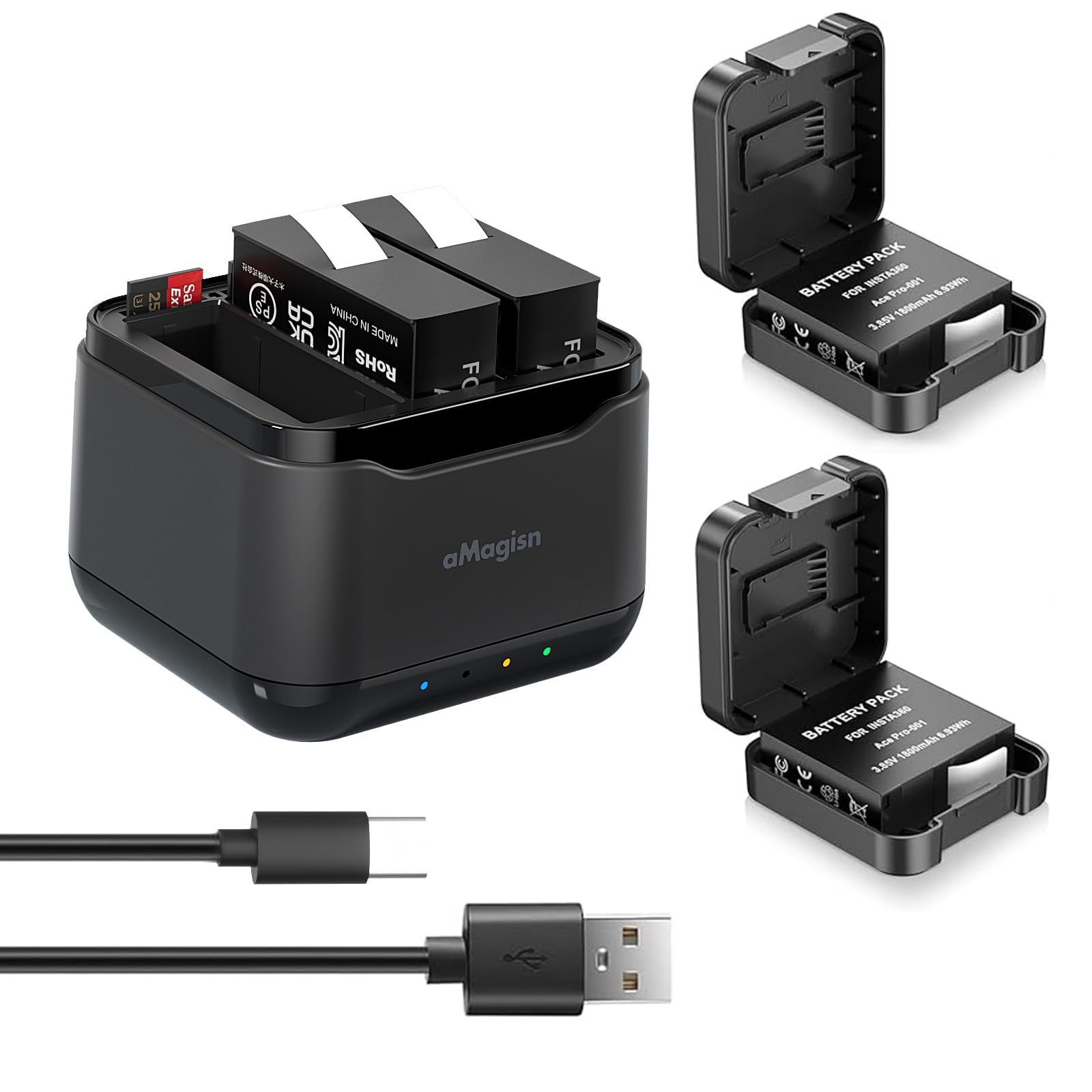 360 Ace/Ace Pro Batteries(2 Packs 1800mAh) with Fast Charge Hub for Insta360 Ace Pro/Ace,Fast Portable 3 Channel Battery Charging Storage Station with Misro SD Card Accessories Slots