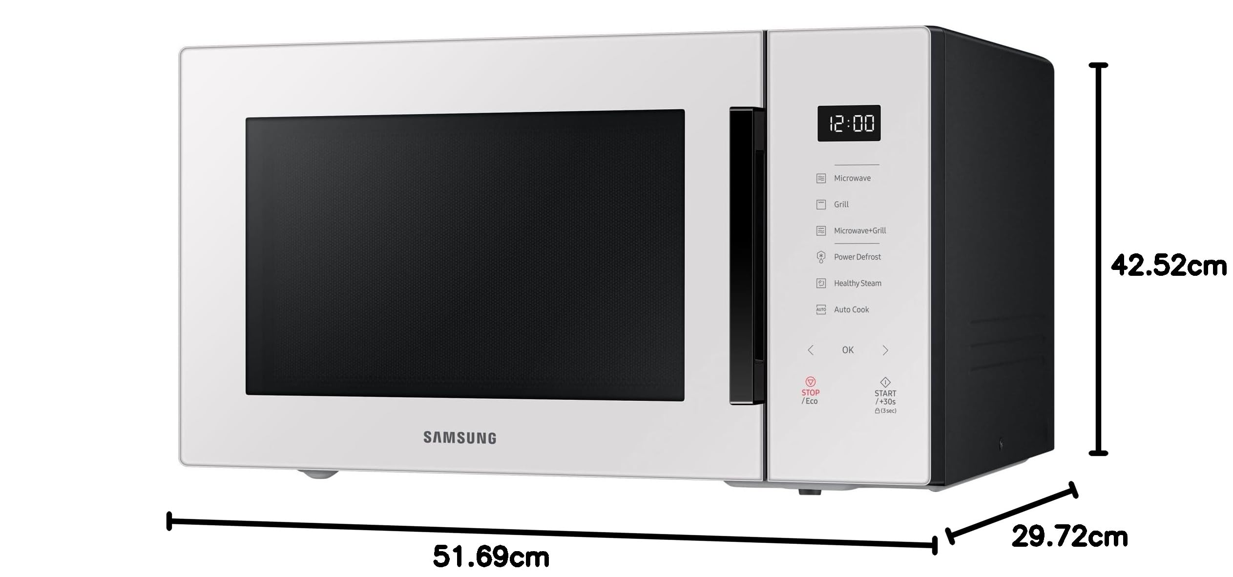 Samsung Forno a Microonde Glass Design Cottura Sana, MG30T5018UE, Vapore, Cottura Automatica, Microonde + Grill 900 W + 1500 W, 30 L, LxAxP: 52 x 30 x 42,5 cm, Porcellana