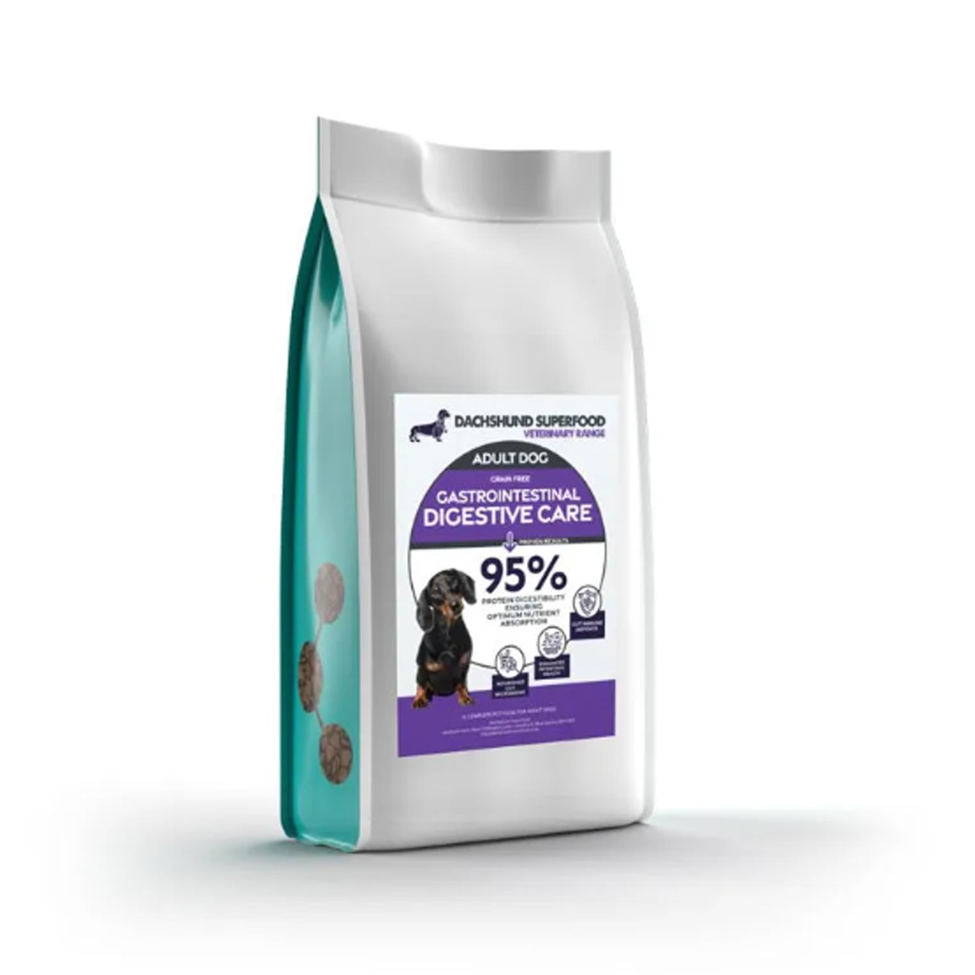 DACHSHUND SUPERFOOD Veterinary Range | Digestive Care | Adult Dog 1.4kg 10kg | Hydrolysed Turkey | Grain Free Hypoallergenic | Postbiotics | Sensitive Stomach | Gut Health | Collagen | Kibble (1.5kg)