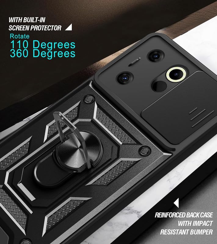 Image of ELICA Shutter Ring Case for Tecno Camon 20 Premier 5G, Military Grade Protection Phone Case with Slide Camera Cover /Rotation 360 Ring Case for Tecno Camon 20 Premier 5G - Black