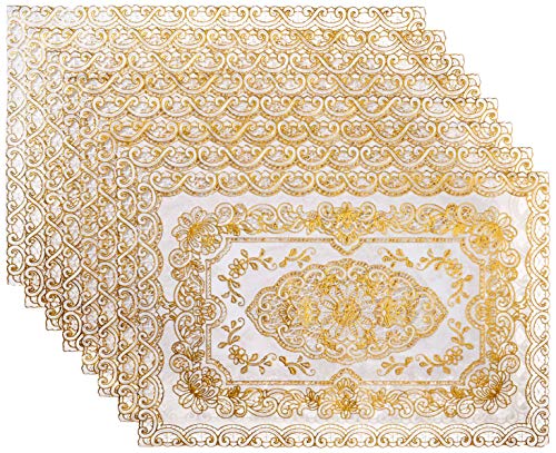 Reusable and Washable Set of 8, Soft Vinyl Lace Placemats or Doilies, Attractive Design Enhanced with Raised Detailing in Gold Metallic Provides You a Look and Feel of Embroidery. (Gold with White)
