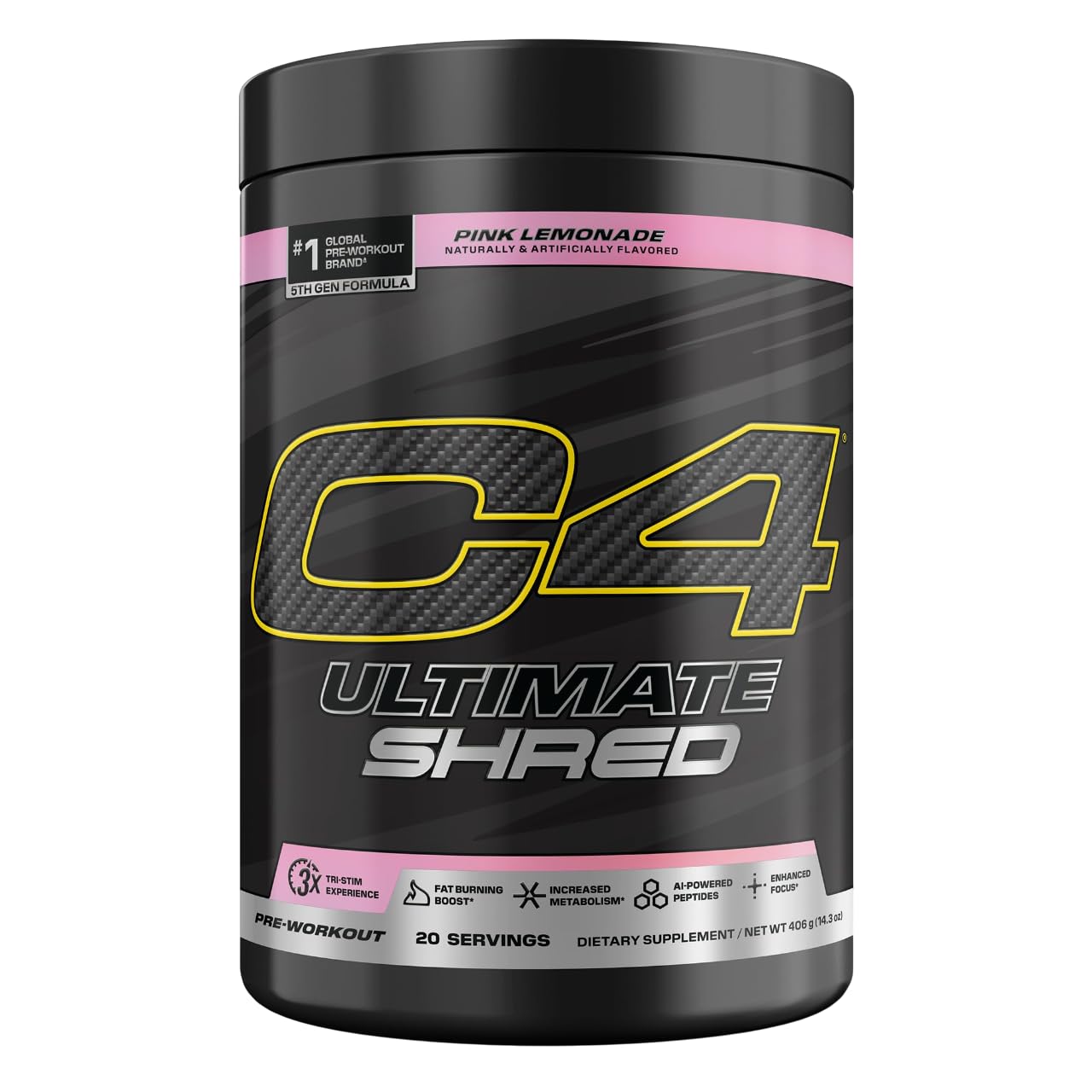 Cellucor C4 Ultimate Shred Pre Workout Powder, Metabolism Supplement with Cayenne Extract+300mg Caffeine+TeaCrine+Dynamine - Pink Lemonade, 20 Servings