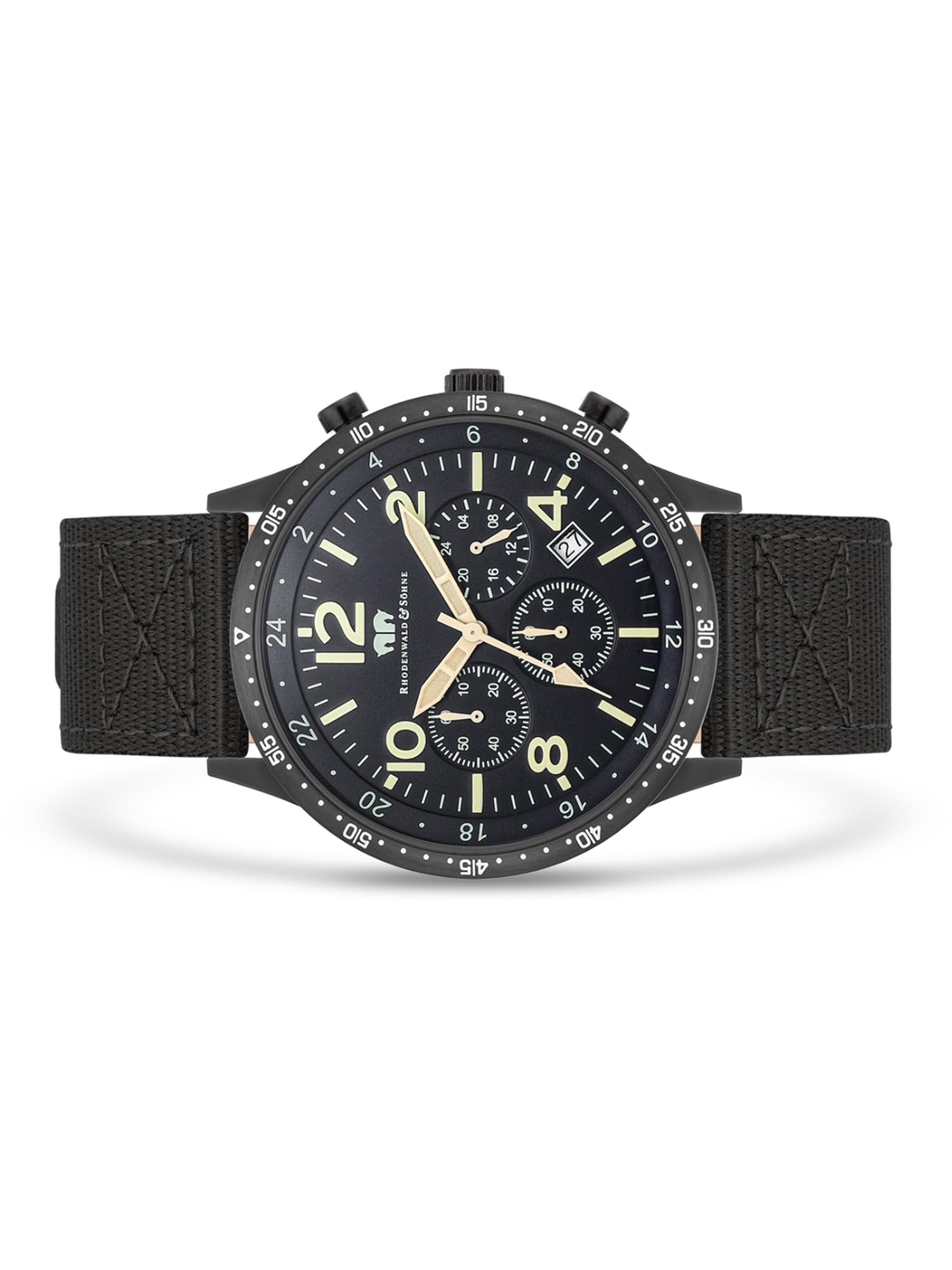 Rhodenwald & Söhne Herren Uhr Edelstahl schwarz Quarzwerk 5 ATM | Nylon Armband, schwarz, keine Prägung, Chronograph, Zifferblatt schwarz, Mineralglas, Armbanduhr