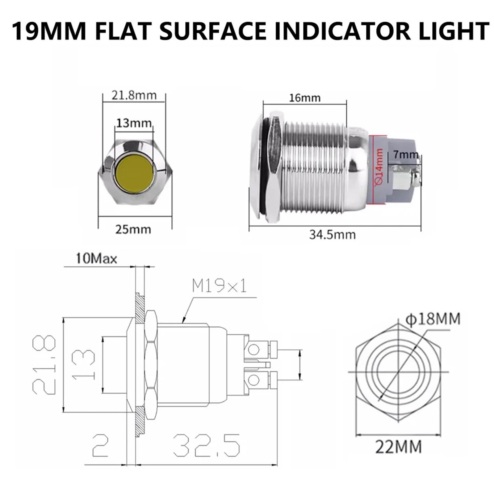 10 pezzi 19 mm LED spia luminosa in metallo AC/DC 3~220 V Mini spia di segnalazione IP65 spia luminosa a LED impermeabile(Ball Red Light,220V)