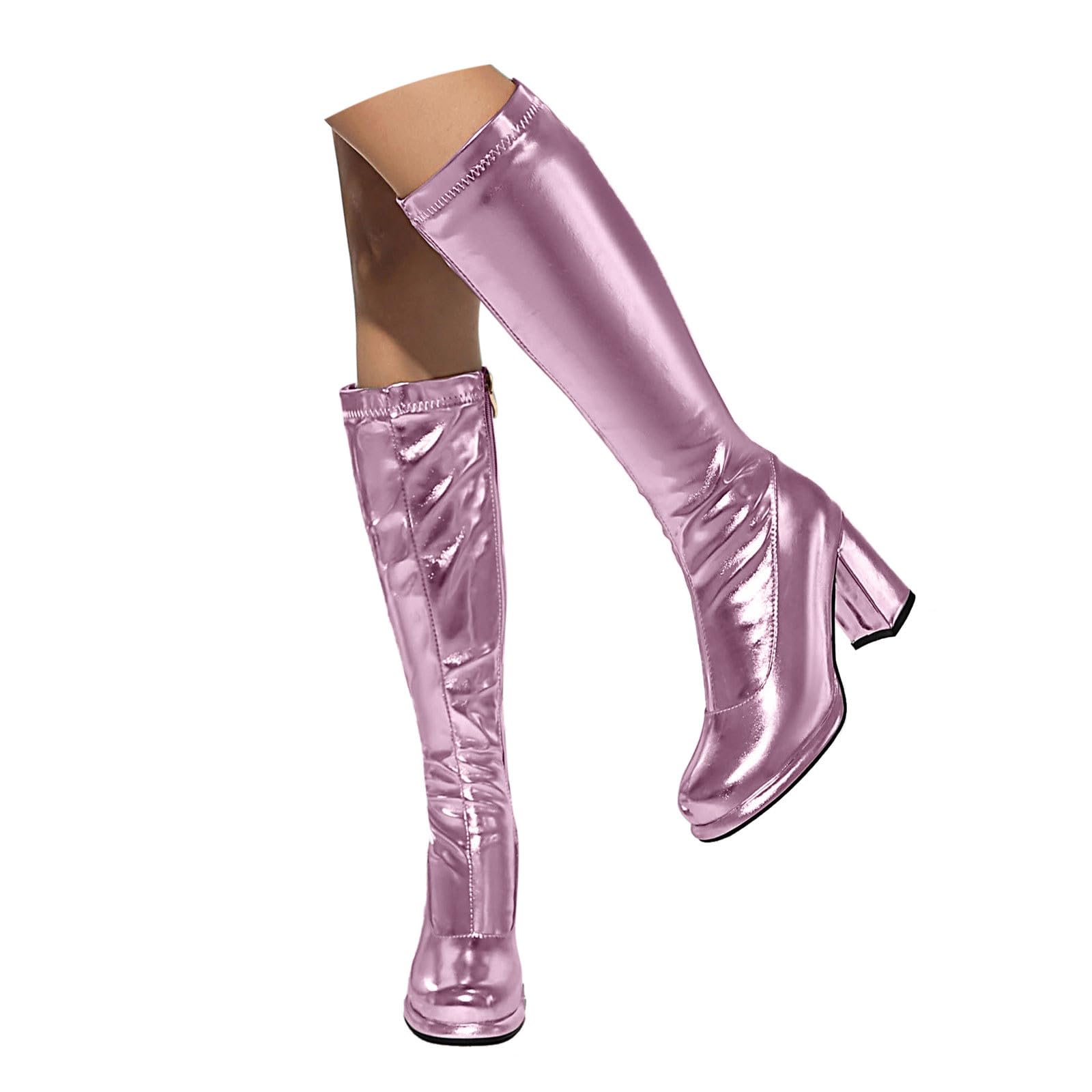 Generisch Stivali da donna in pelle verniciata, stivali di vitello, stivali lunghi al ginocchio, stivali western con tacco a blocco, stivaletti rotondi, sexy, chiusura lampo, autunno e inverno